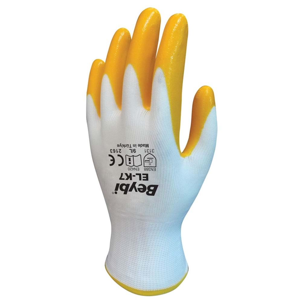 Eldiven Beybi Pn7 (ELK-7) Poly Örme Nitril - No 9 - Sarı-Beyaz
