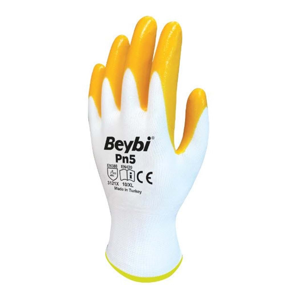 Beybi Pn5 Poly Örme Nitril Eldiven - SArı-Beyaz - 10