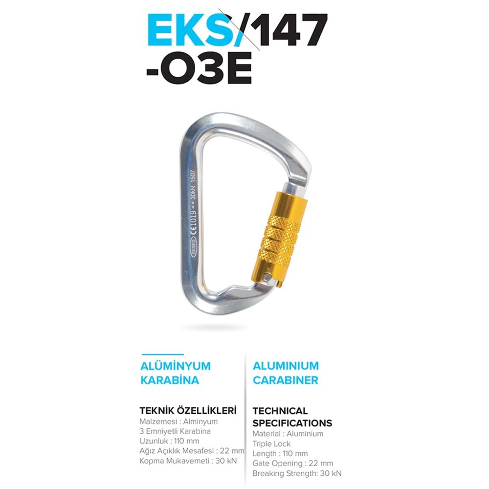 Üç Emniyetli Alüminyum Karabina 22 mm